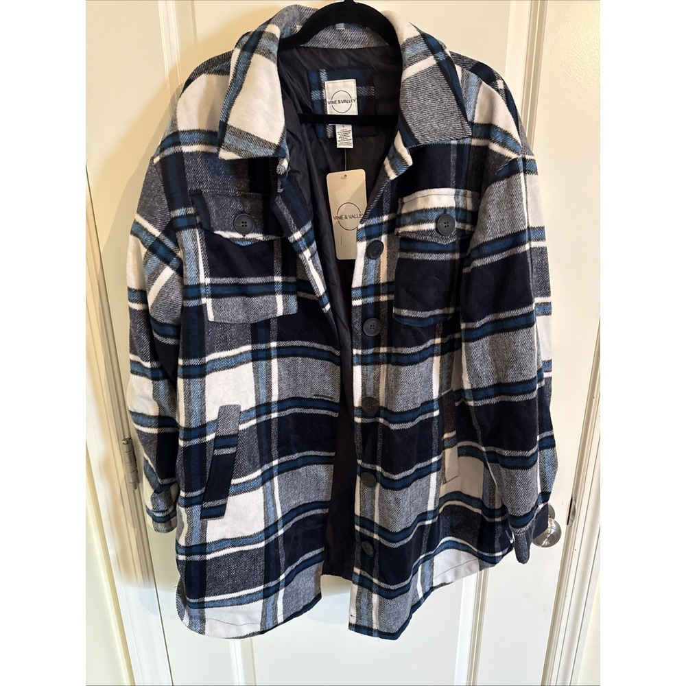 Vine & Valley Blue Plaid Long-Sleeve Flannel Shacket Large NWT